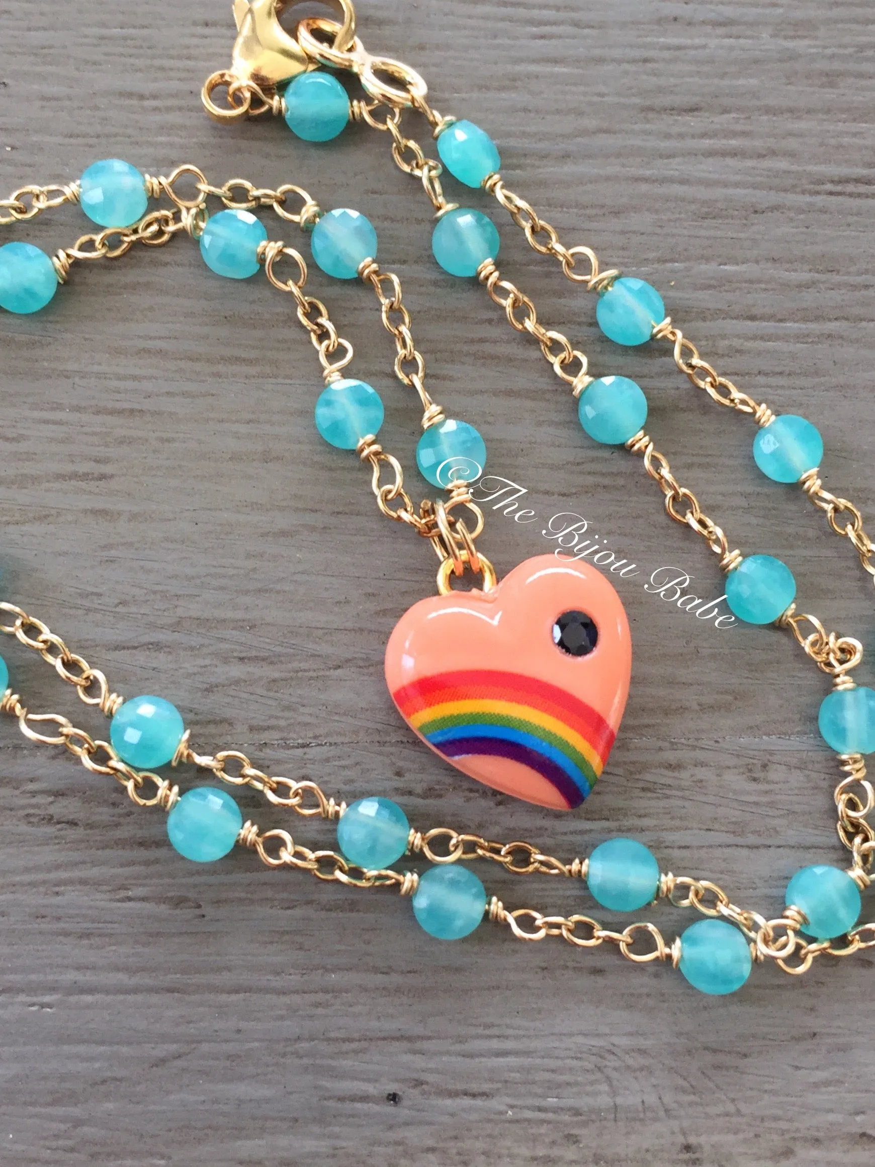 Vintage Acrylic Rainbow Heart Necklace with Sapphires