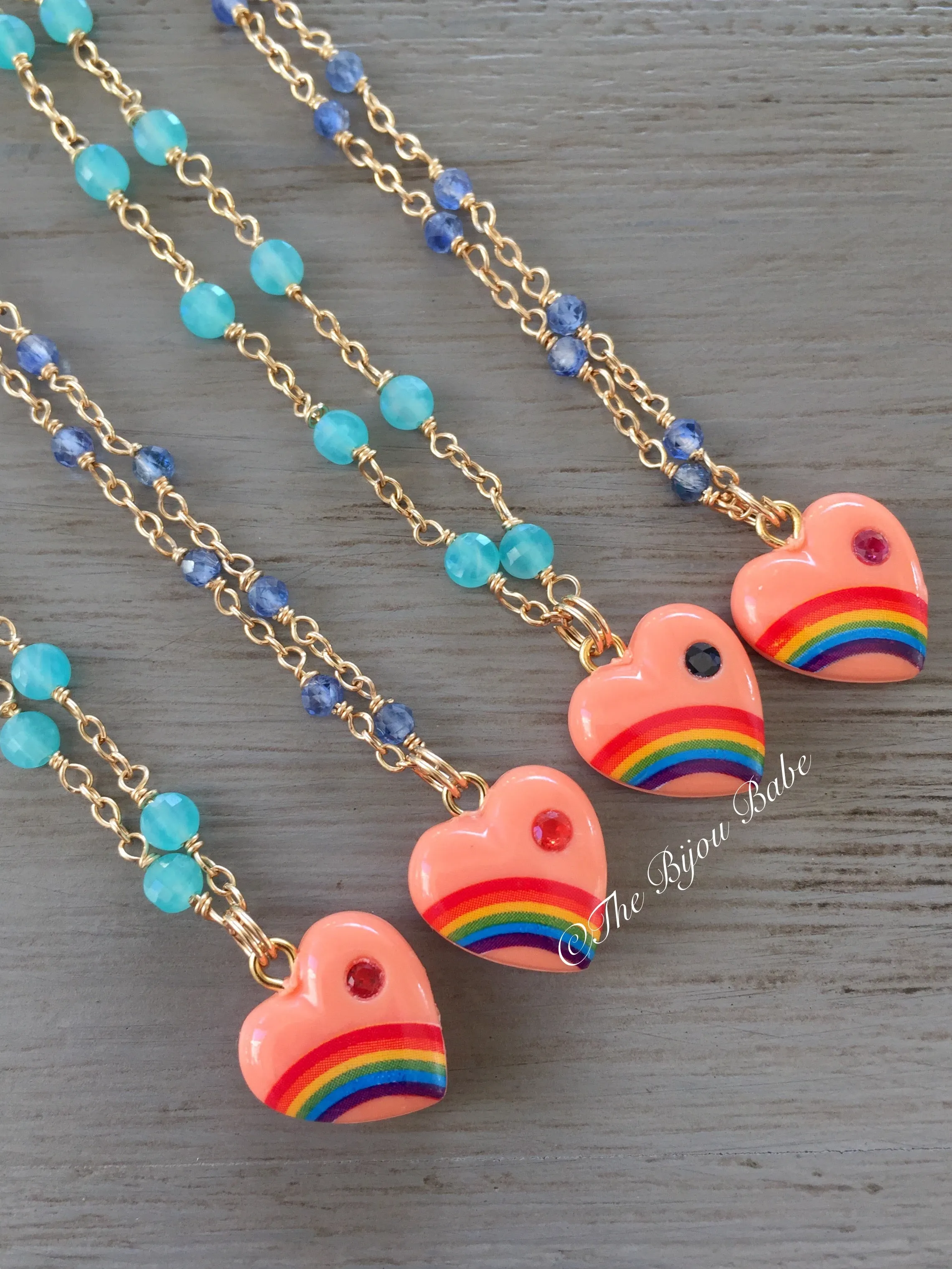 Vintage Acrylic Rainbow Heart Necklace with Sapphires