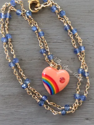 Vintage Acrylic Rainbow Heart Necklace with Sapphires