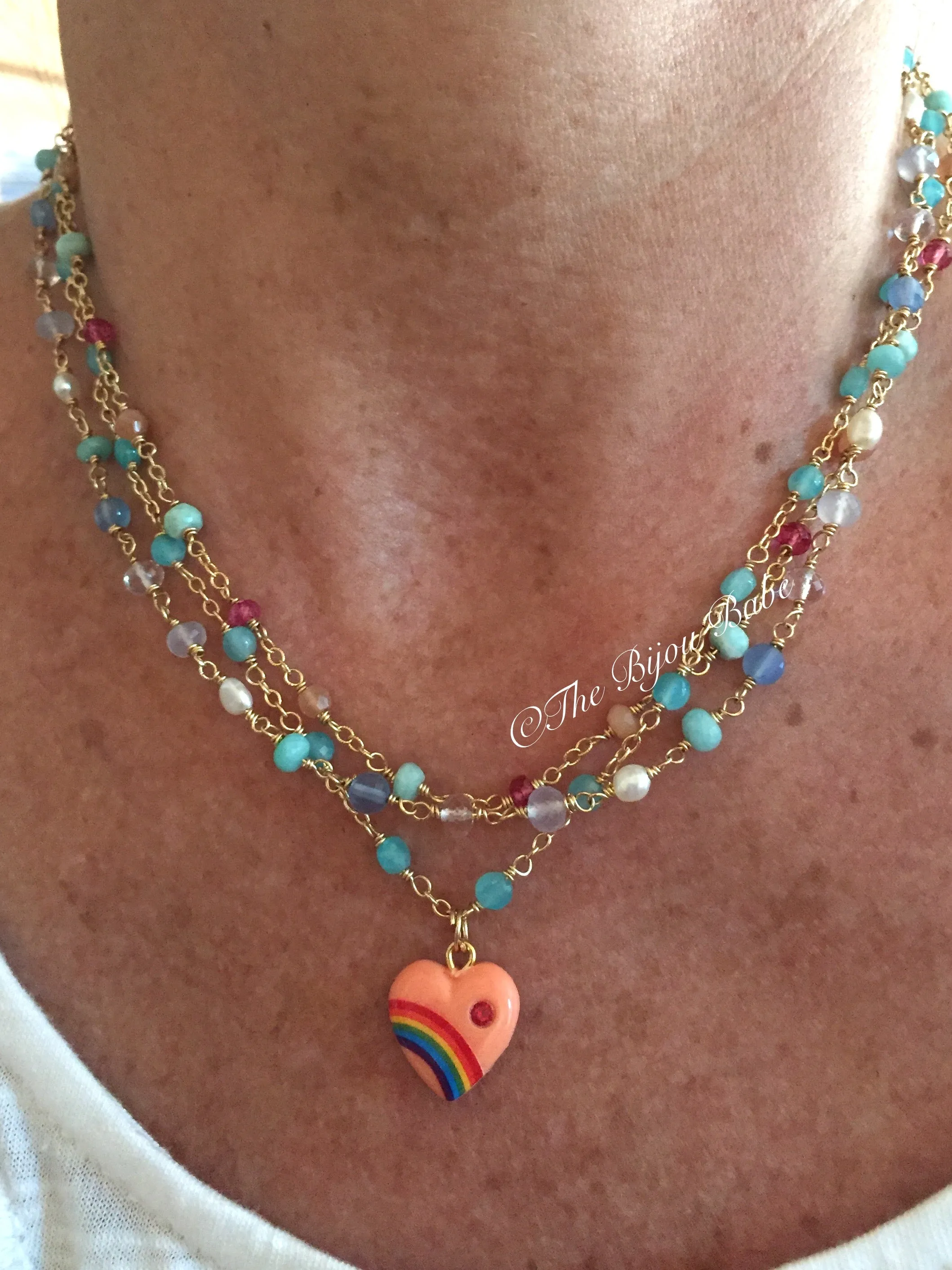 Vintage Acrylic Rainbow Heart Necklace with Sapphires