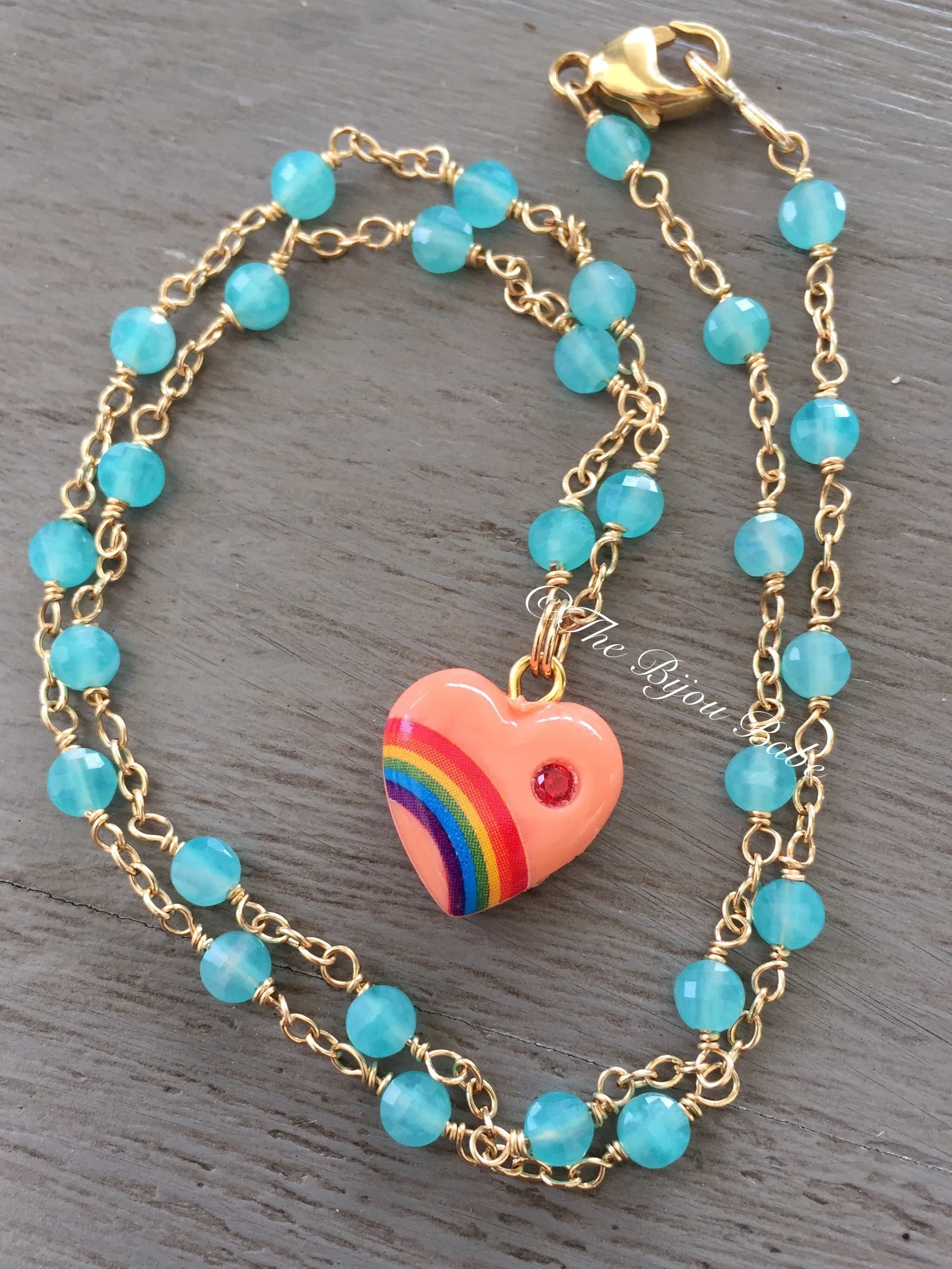 Vintage Acrylic Rainbow Heart Necklace with Sapphires