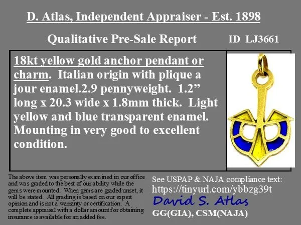 Vintage Anchor Plique-a-Jour Enamel Pendant, Italian