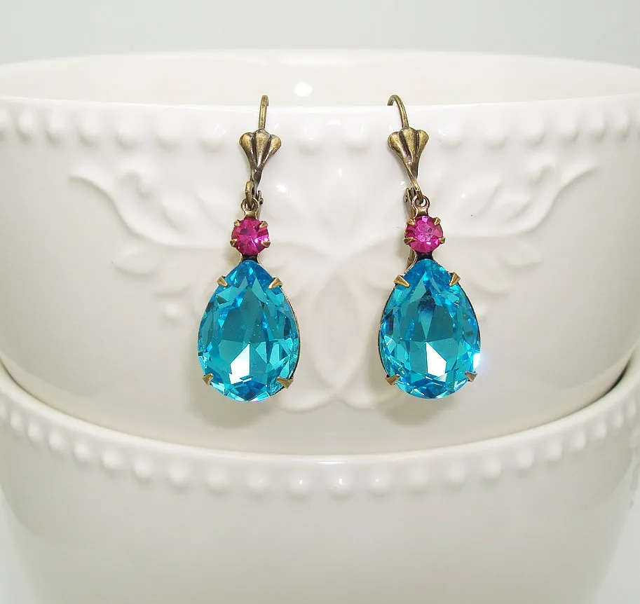 Vintage Aqua Swarovski Teardrop Pink Swarovski Crystal Wedding Gift Earrings