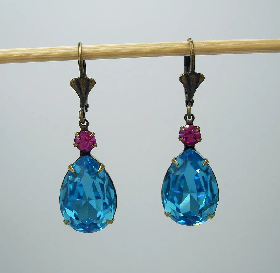 Vintage Aqua Swarovski Teardrop Pink Swarovski Crystal Wedding Gift Earrings