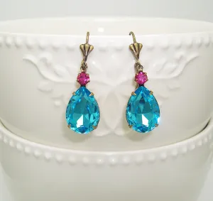 Vintage Aqua Swarovski Teardrop Pink Swarovski Crystal Wedding Gift Earrings