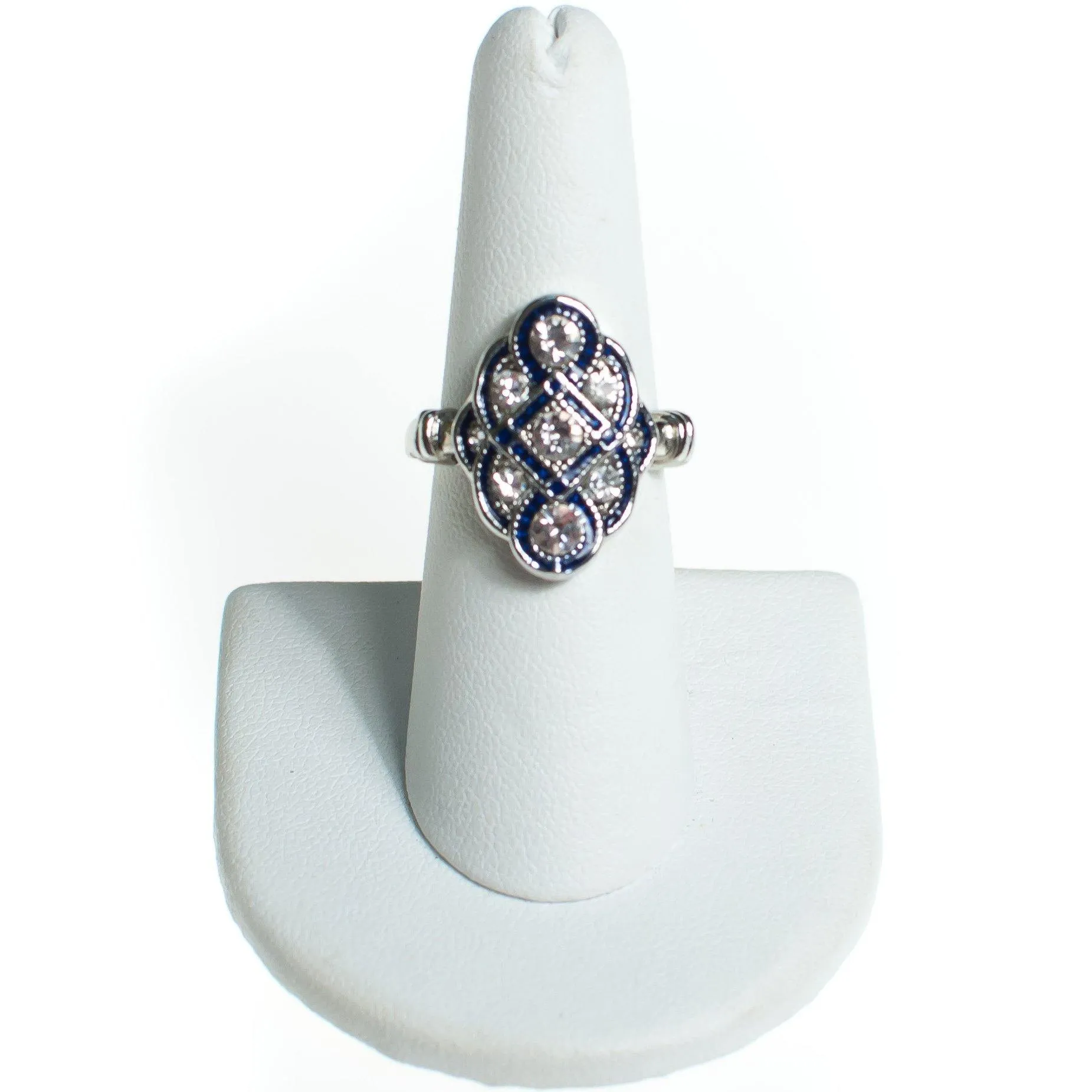 Vintage Art Deco Sapphire Enamel and Diamante Crystal Statement Ring Size 7