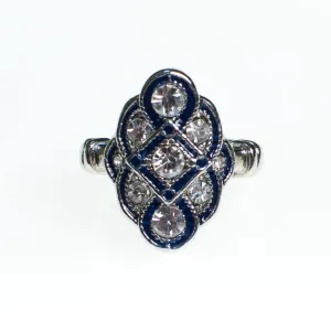 Vintage Art Deco Sapphire Enamel and Diamante Crystal Statement Ring Size 7