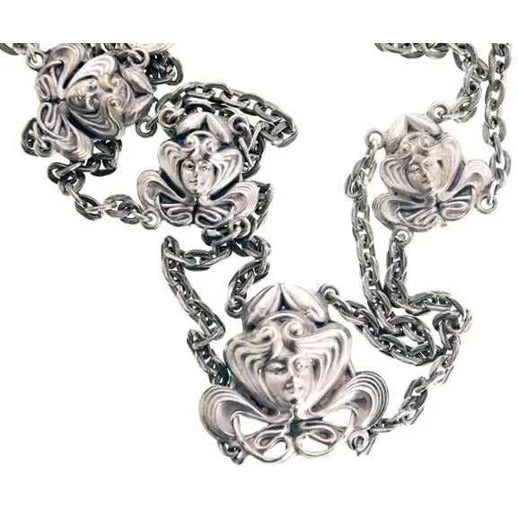 Vintage Art Nouveau Chain Belt Womens Faces Super Unique 25" waist