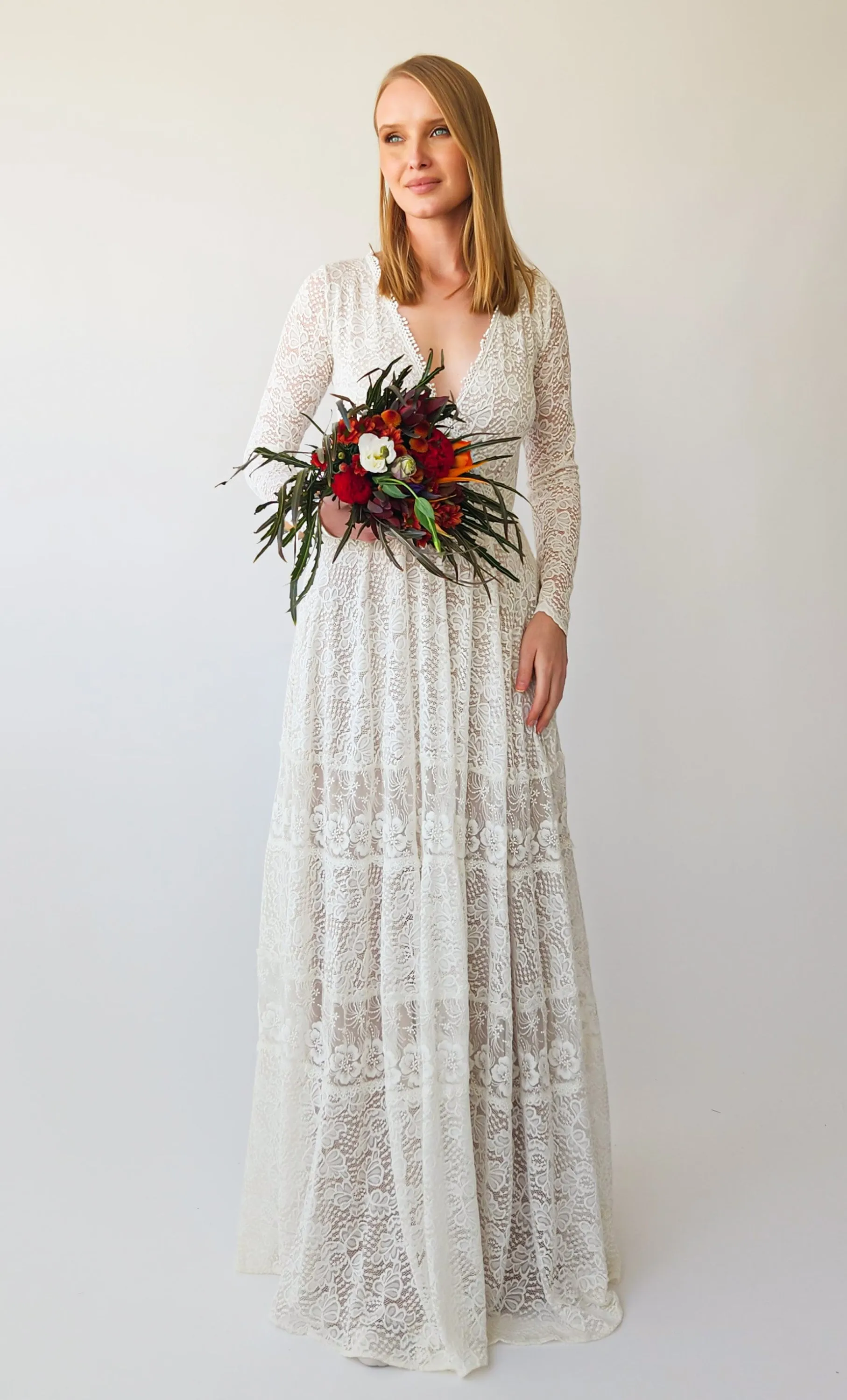 Vintage Bohemian lace Style wedding Long Sleeves wrap neckline with Gipsy Skirt #1403