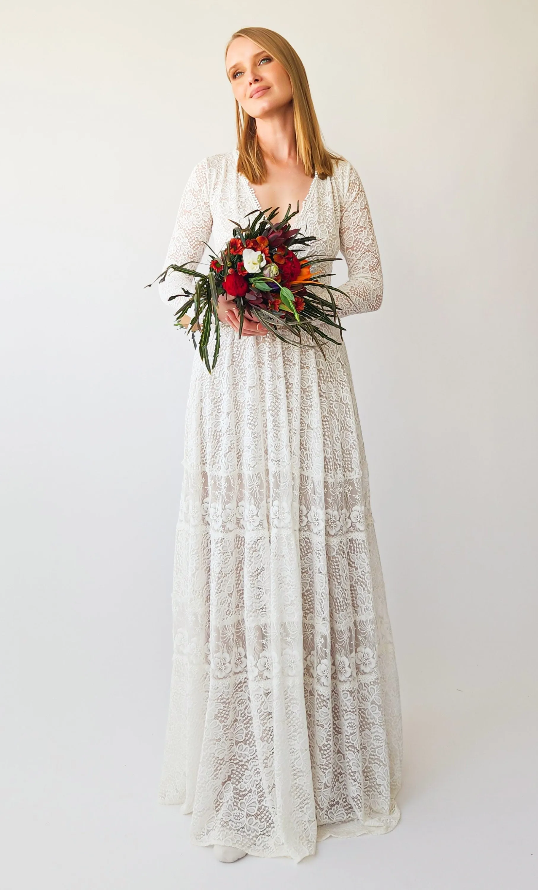 Vintage Bohemian lace Style wedding Long Sleeves wrap neckline with Gipsy Skirt #1403