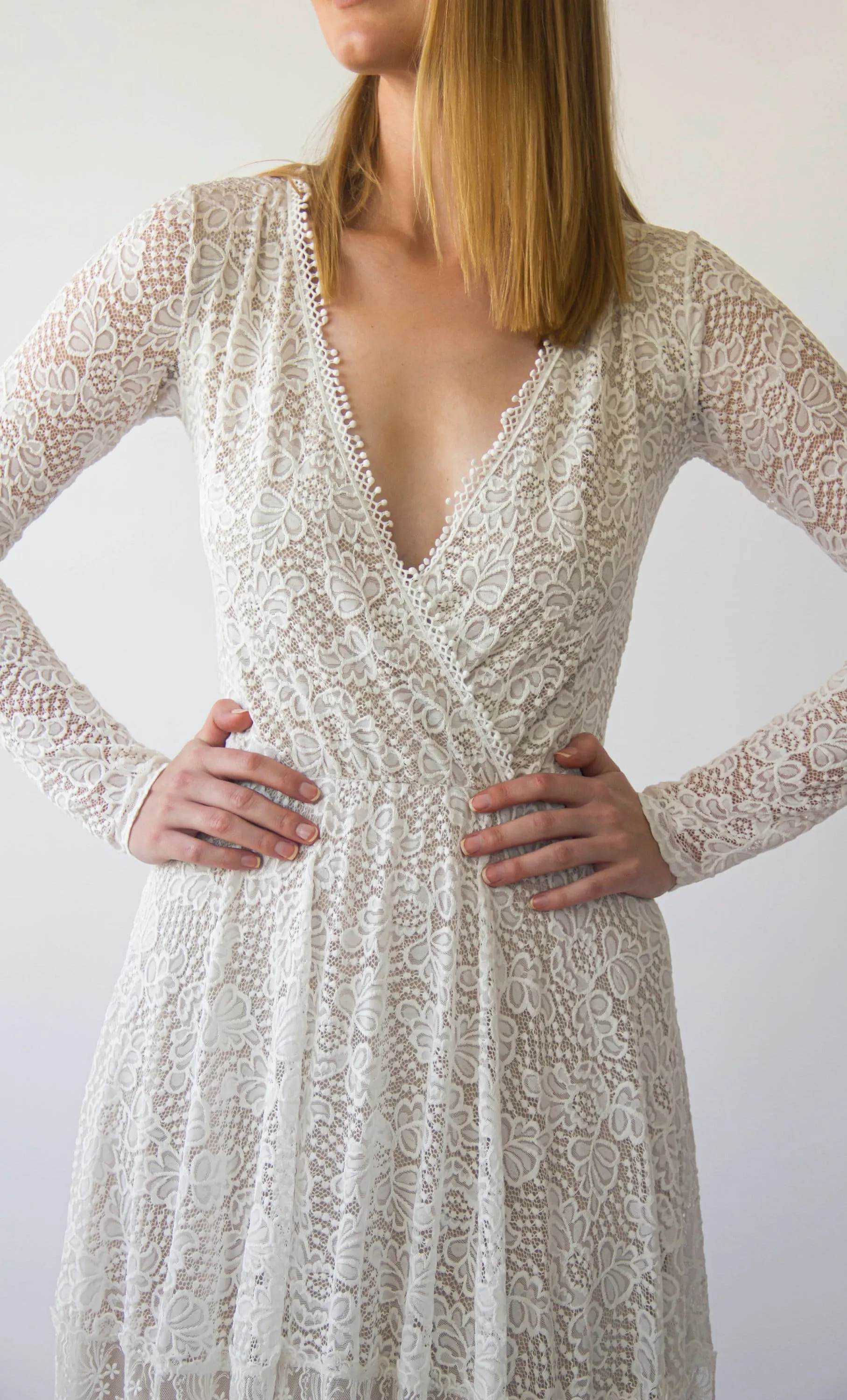 Vintage Bohemian lace Style wedding Long Sleeves wrap neckline with Gipsy Skirt #1403