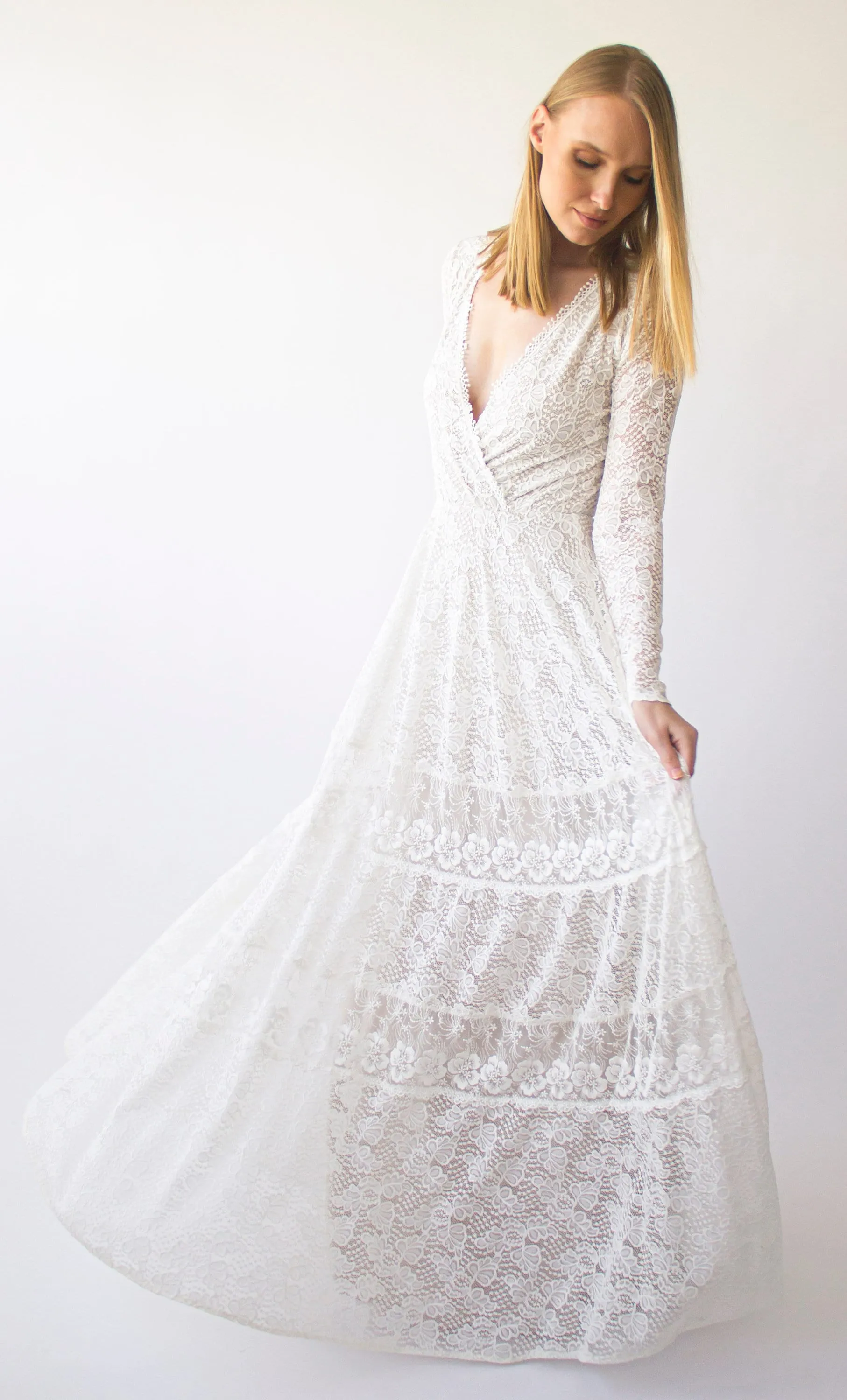 Vintage Bohemian lace Style wedding Long Sleeves wrap neckline with Gipsy Skirt #1403