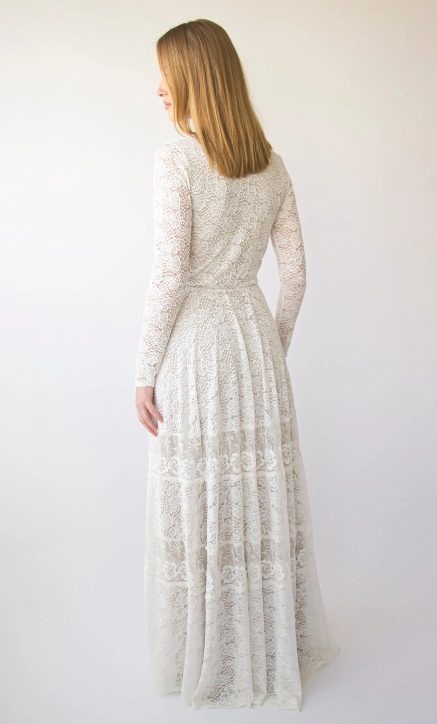 Vintage Bohemian lace Style wedding Long Sleeves wrap neckline with Gipsy Skirt #1403