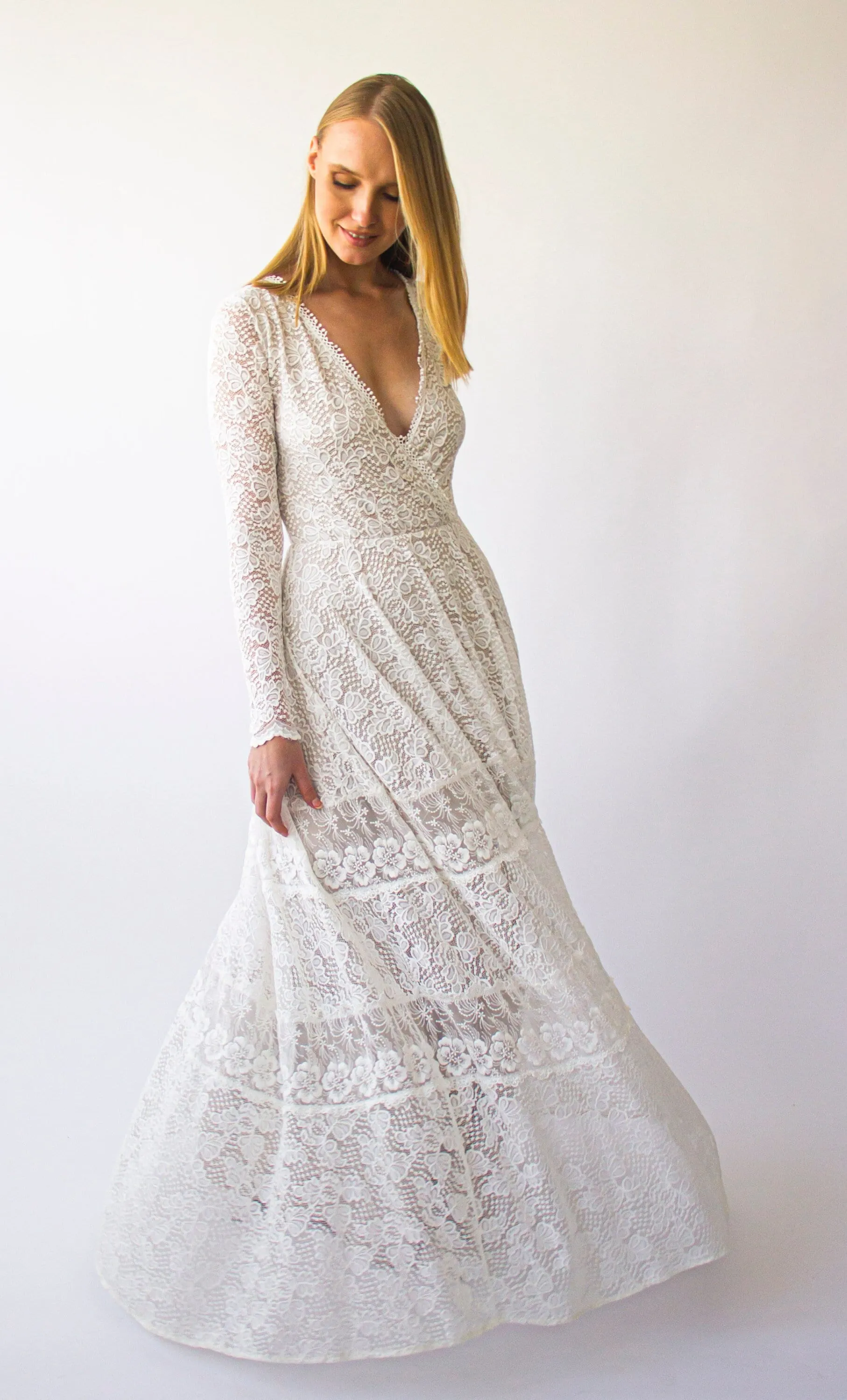 Vintage Bohemian lace Style wedding Long Sleeves wrap neckline with Gipsy Skirt #1403