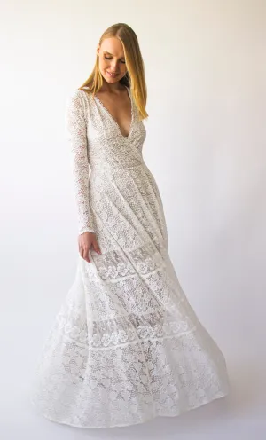 Vintage Bohemian lace Style wedding Long Sleeves wrap neckline with Gipsy Skirt #1403