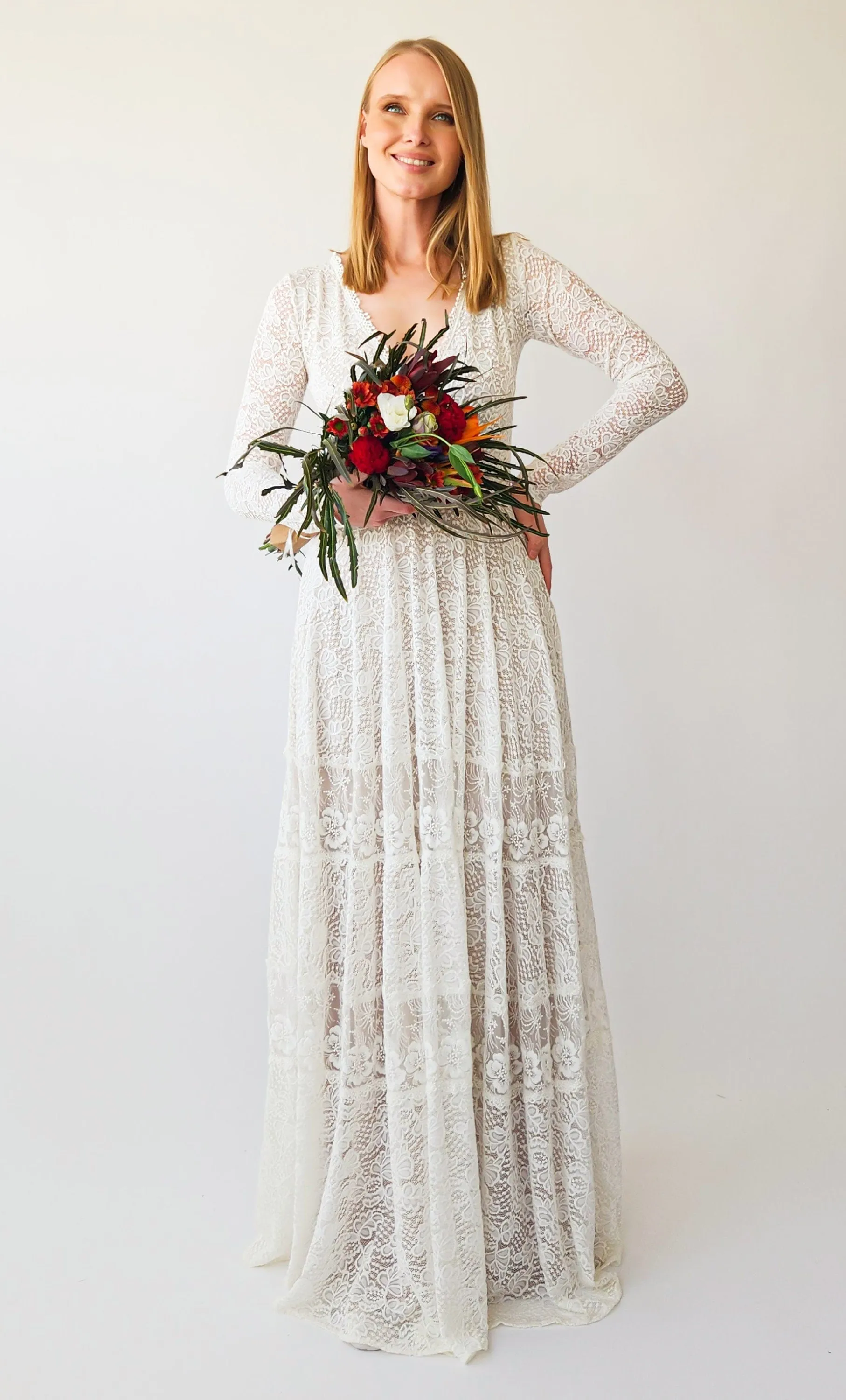 Vintage Bohemian lace Style wedding Long Sleeves wrap neckline with Gipsy Skirt #1403