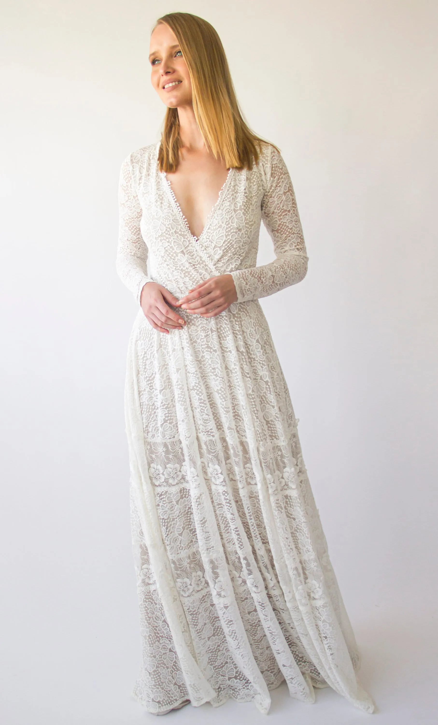 Vintage Bohemian lace Style wedding Long Sleeves wrap neckline with Gipsy Skirt #1403