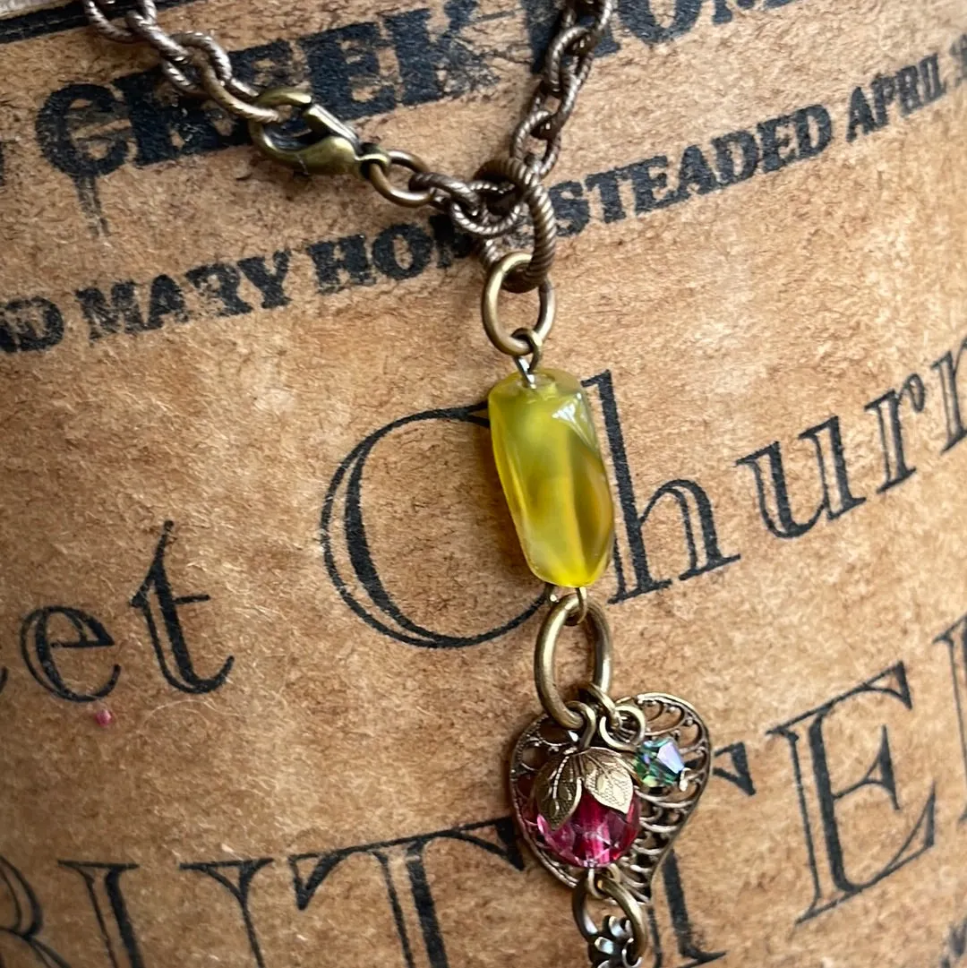 Vintage Brass Feather & Crystal Link Necklace with Side Clasp