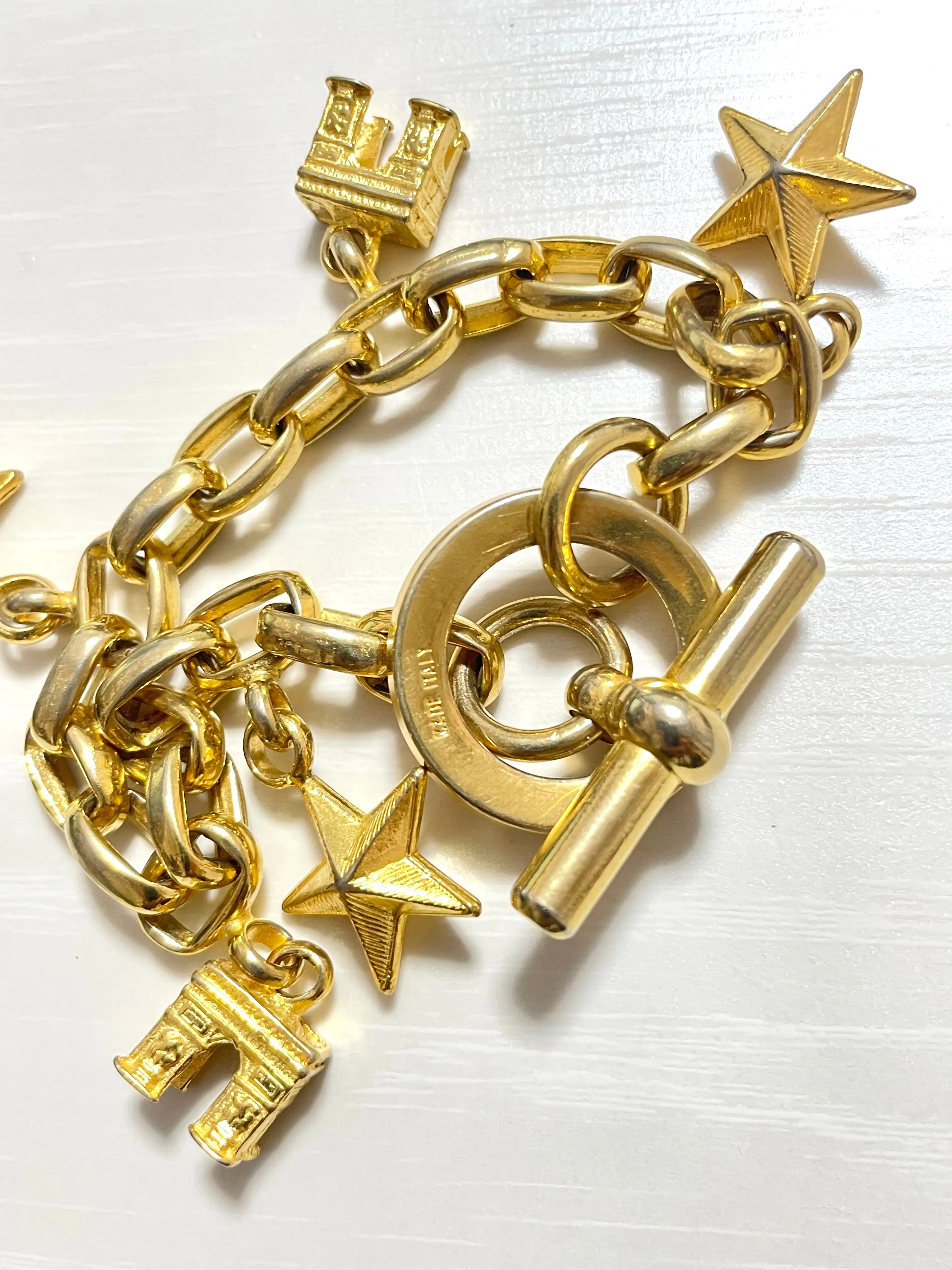 Vintage Celine chain bracelet with Triomphe and star charms. One-of-a-kind Celine jewelry. 061224ac1