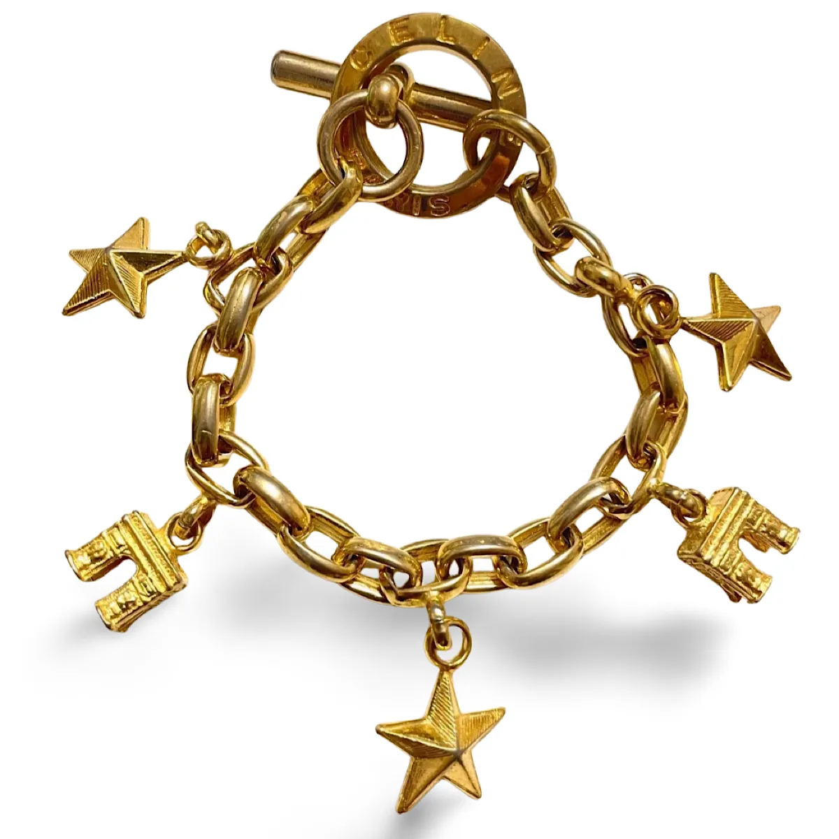 Vintage Celine chain bracelet with Triomphe and star charms. One-of-a-kind Celine jewelry. 061224ac1