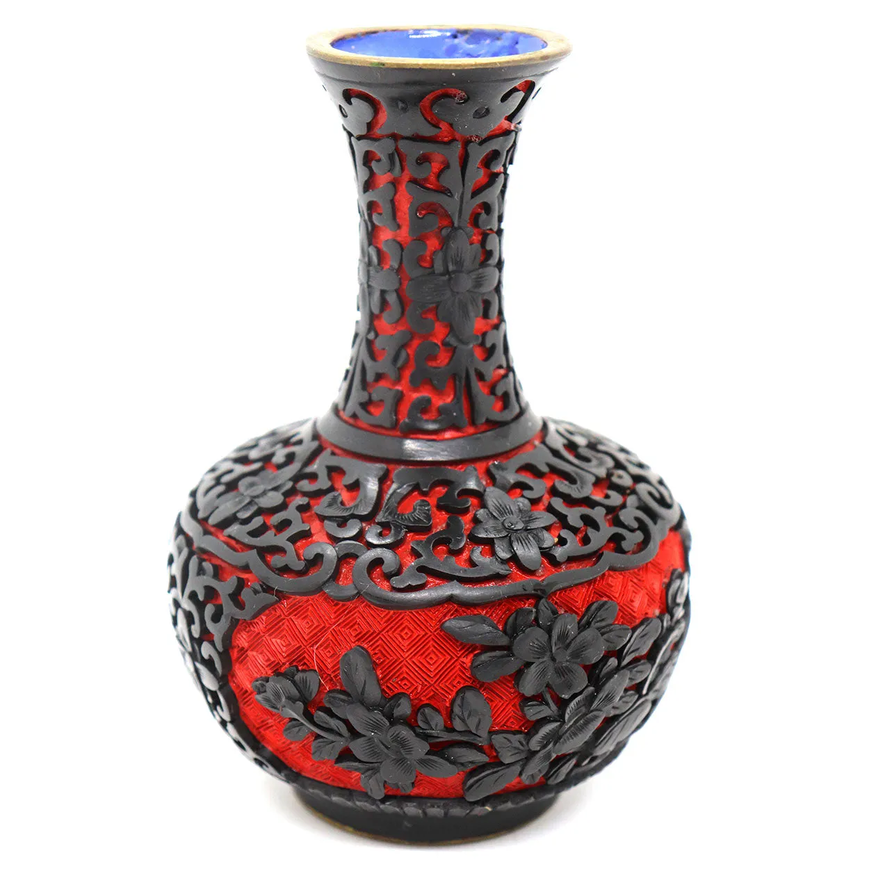 Vintage Chinese Enamel, Black and Red Cinnabar Lacquer Brass Mounted Vase