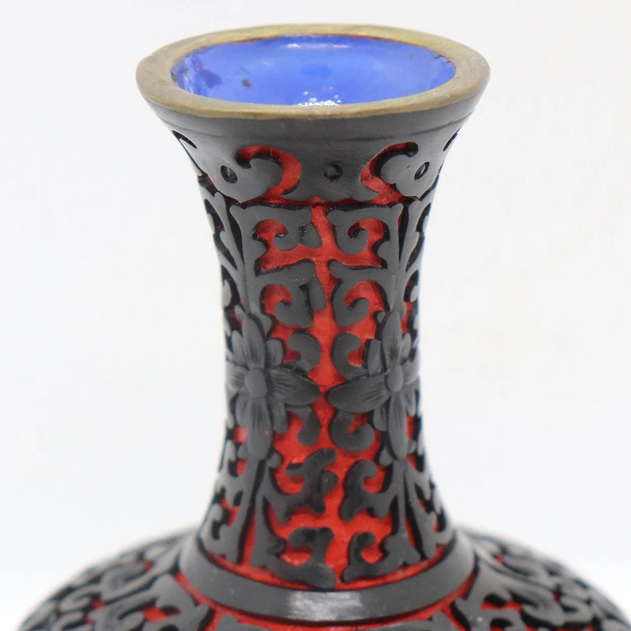 Vintage Chinese Enamel, Black and Red Cinnabar Lacquer Brass Mounted Vase