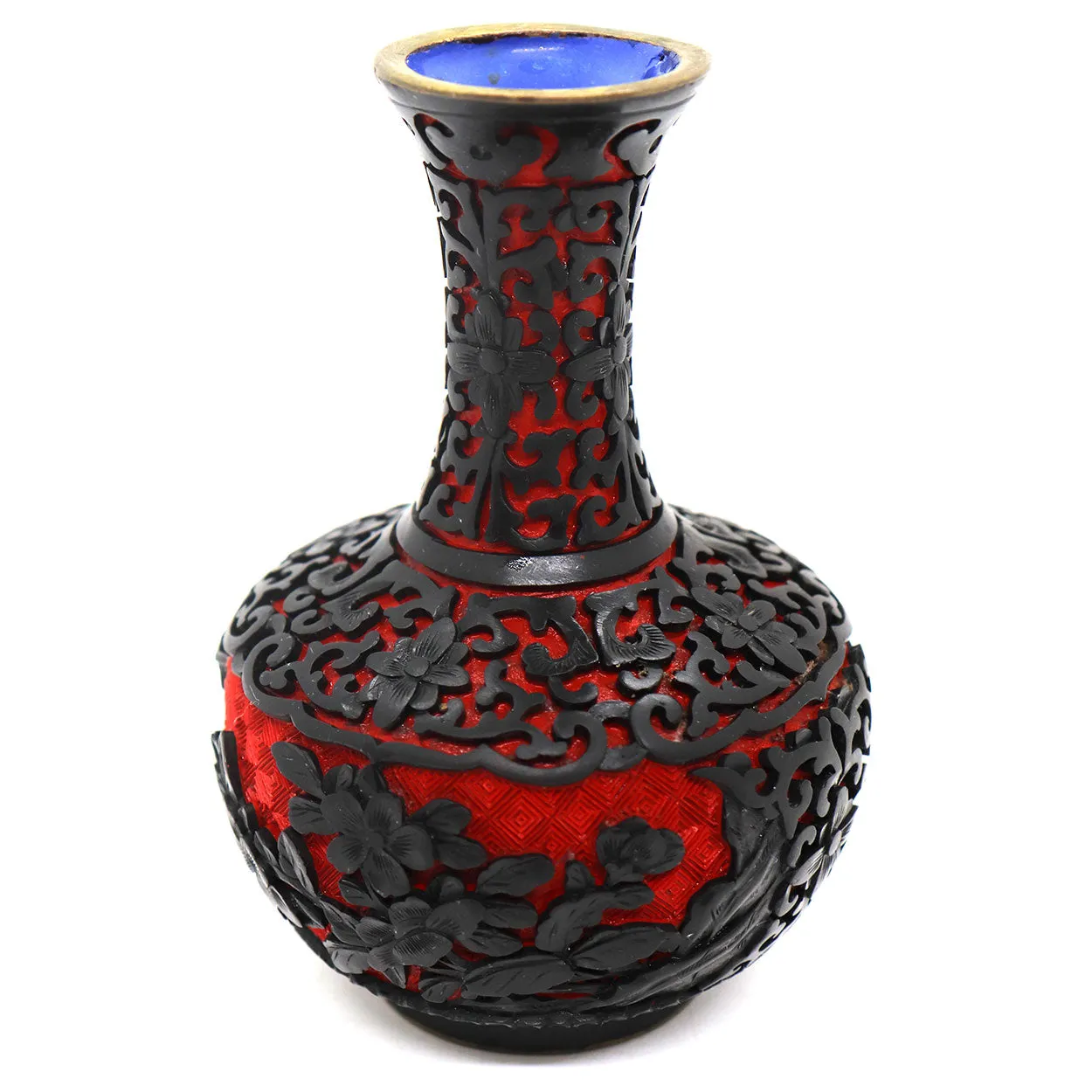 Vintage Chinese Enamel, Black and Red Cinnabar Lacquer Brass Mounted Vase