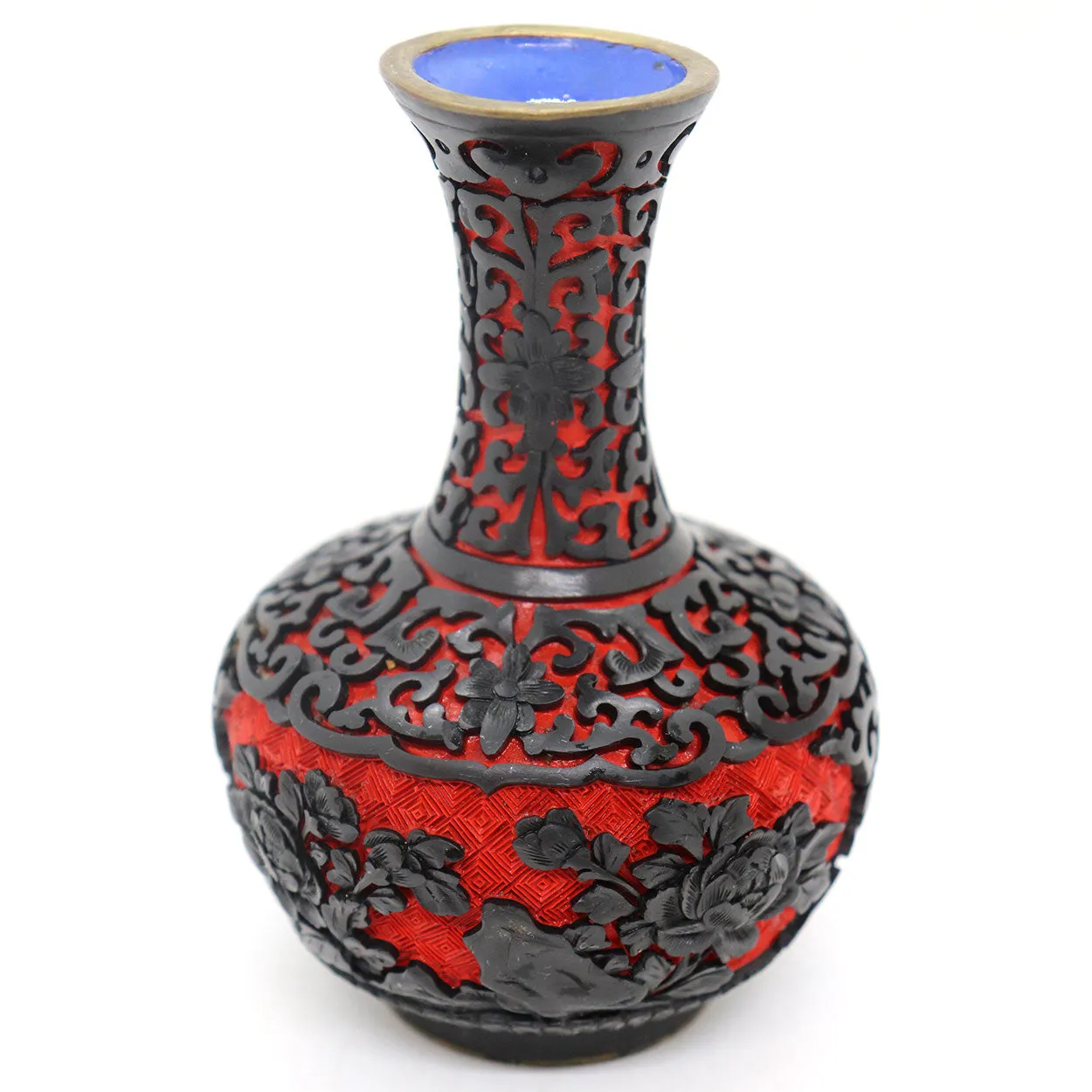 Vintage Chinese Enamel, Black and Red Cinnabar Lacquer Brass Mounted Vase
