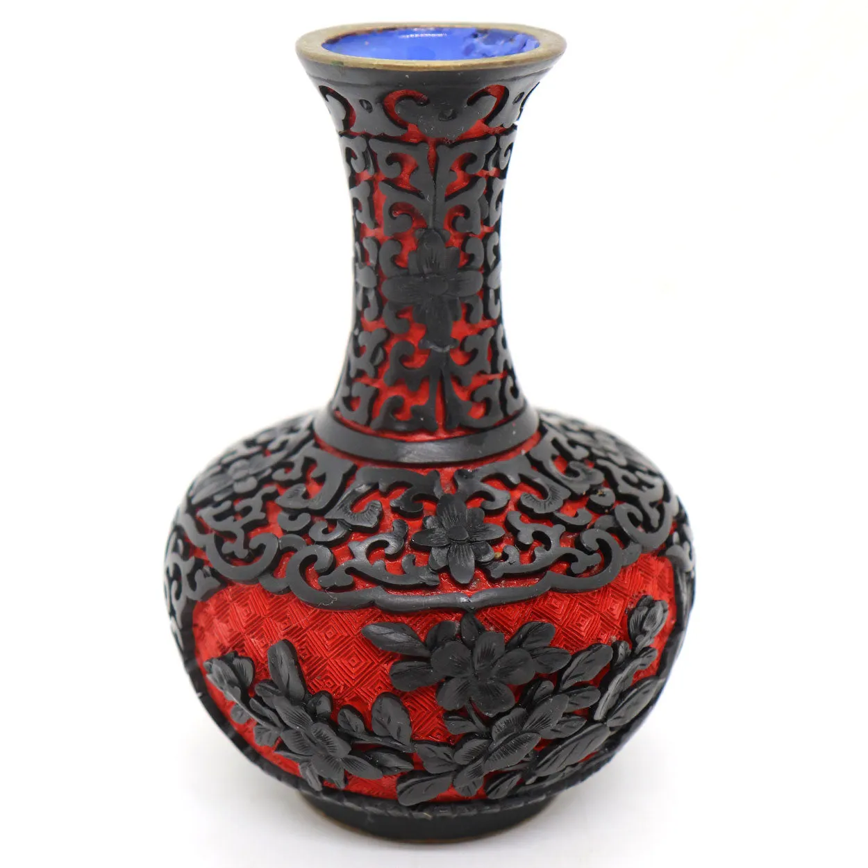 Vintage Chinese Enamel, Black and Red Cinnabar Lacquer Brass Mounted Vase