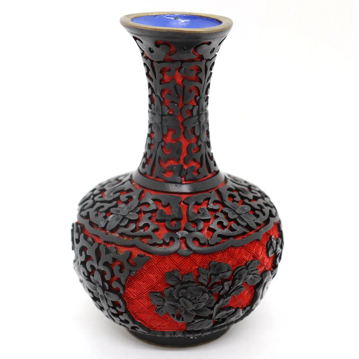 Vintage Chinese Enamel, Black and Red Cinnabar Lacquer Brass Mounted Vase