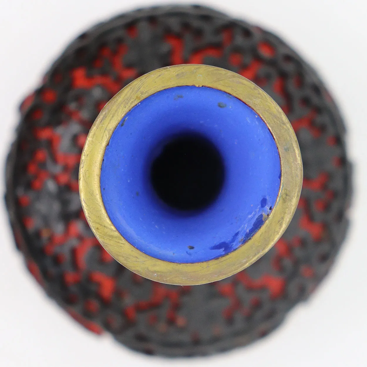 Vintage Chinese Enamel, Black and Red Cinnabar Lacquer Brass Mounted Vase