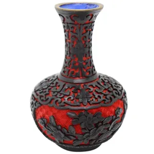 Vintage Chinese Enamel, Black and Red Cinnabar Lacquer Brass Mounted Vase