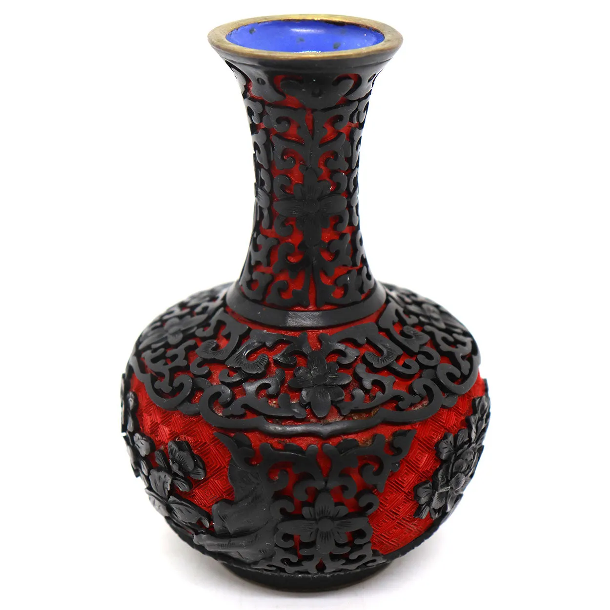 Vintage Chinese Enamel, Black and Red Cinnabar Lacquer Brass Mounted Vase