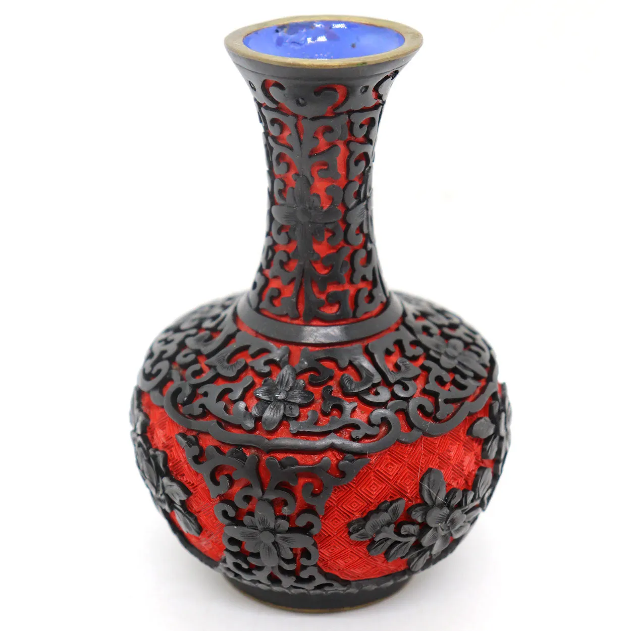 Vintage Chinese Enamel, Black and Red Cinnabar Lacquer Brass Mounted Vase
