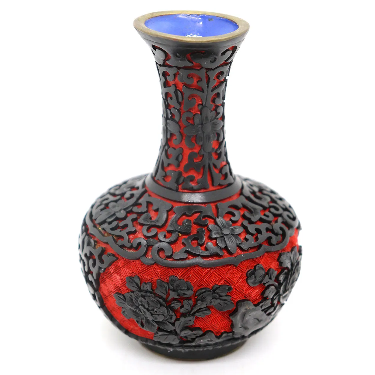 Vintage Chinese Enamel, Black and Red Cinnabar Lacquer Brass Mounted Vase