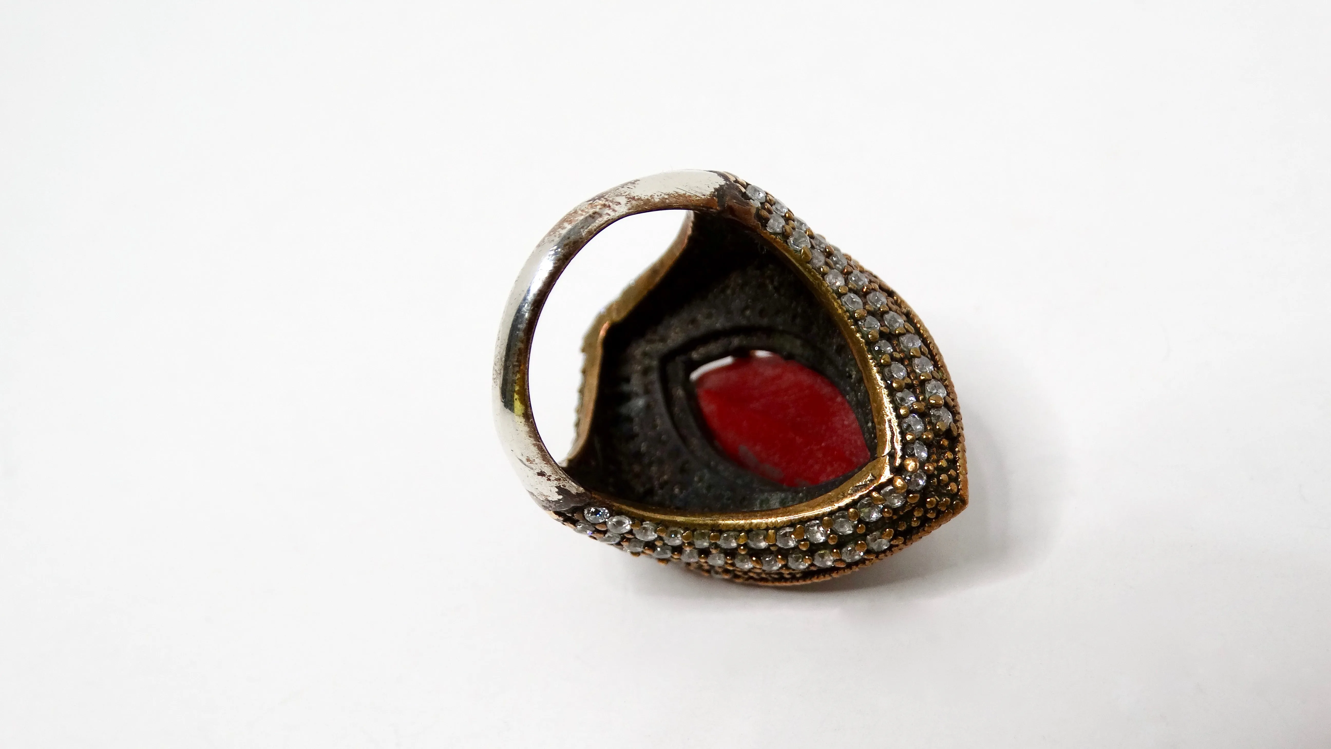 Vintage Costume Ruby & Rhinestone Brass Cocktail Ring