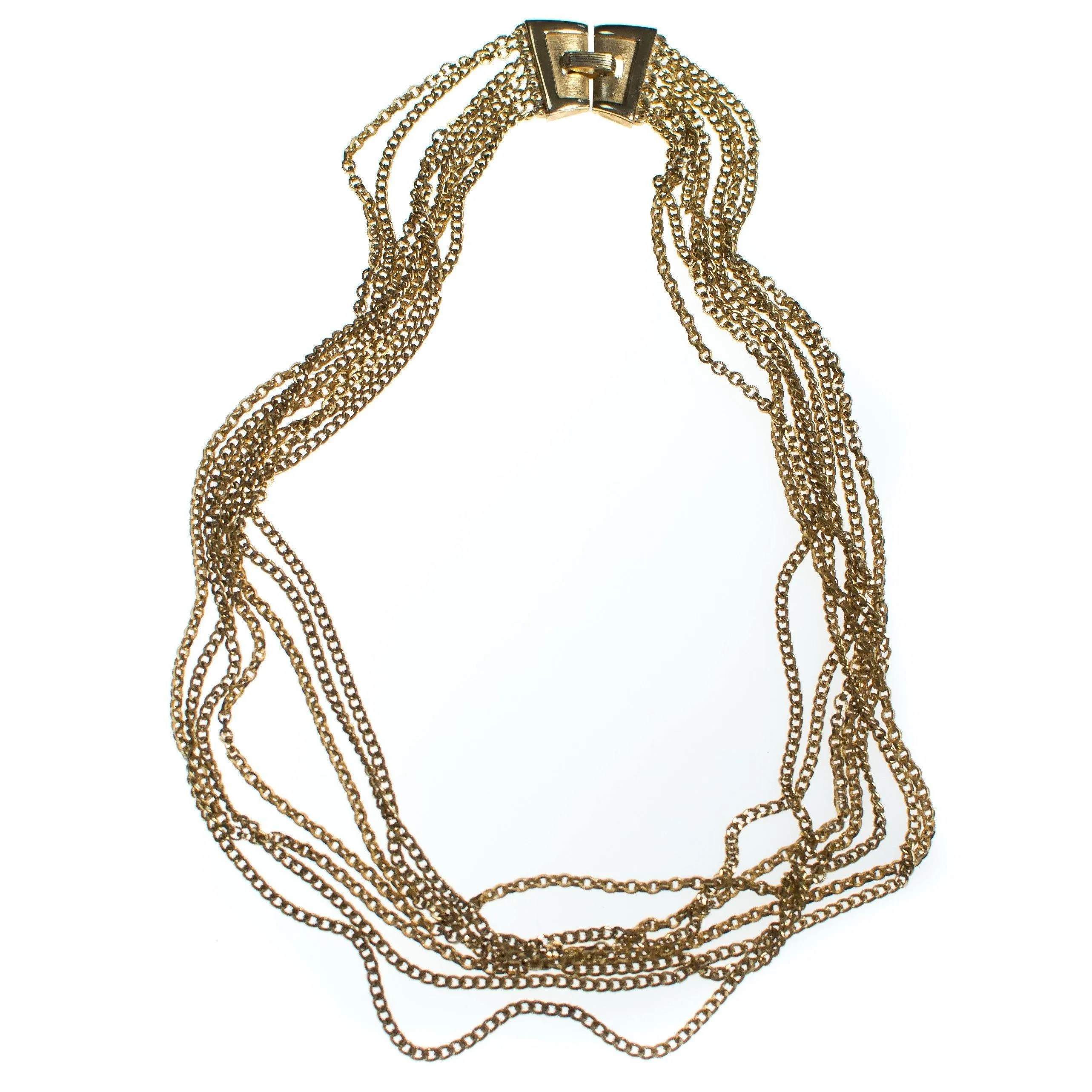 Vintage Crown Trifari Multi-strand Chain Necklace, Gold Tone, Snap Lock Clasp