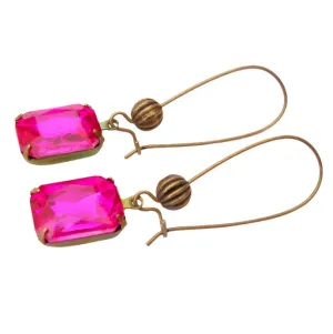 Vintage Fuchsia Faceted Crystal in Antiqued Brass Prong Setting Earrings