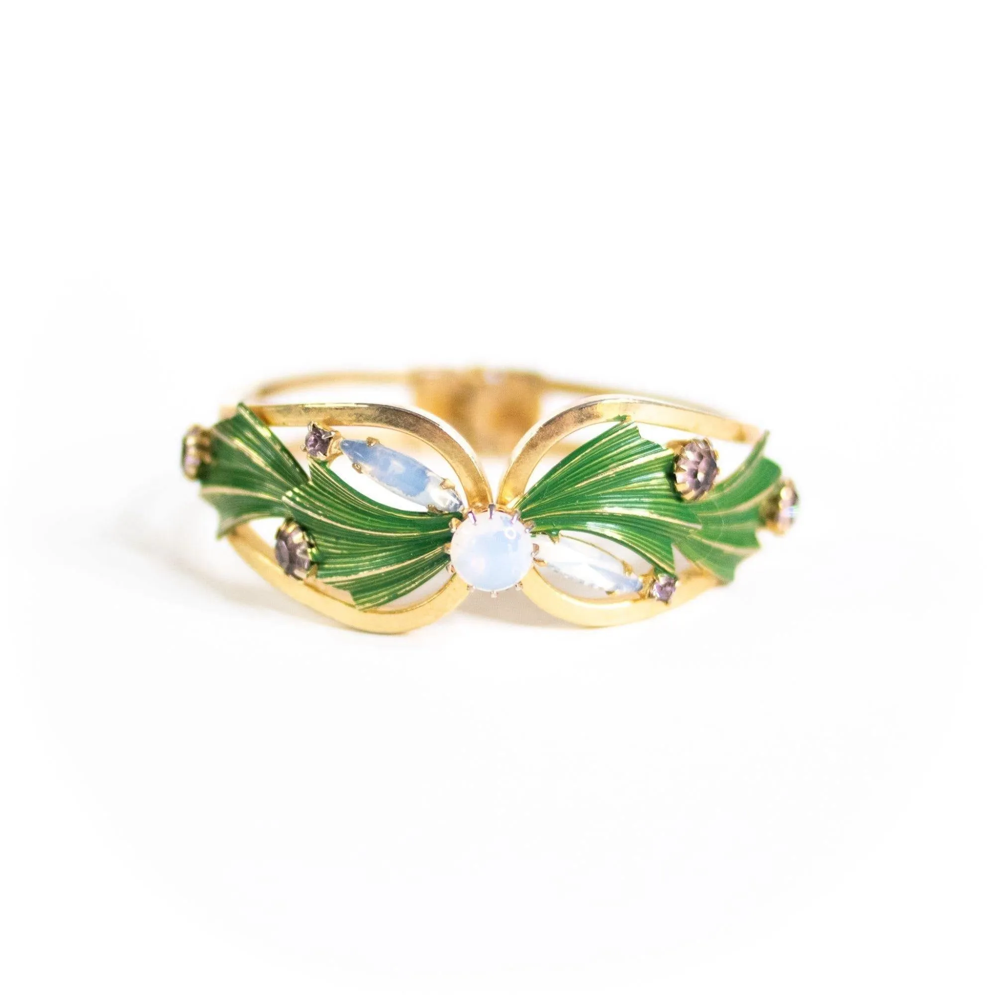 Vintage Green Leaves with Opaline Crystal Clamper Bracelet
