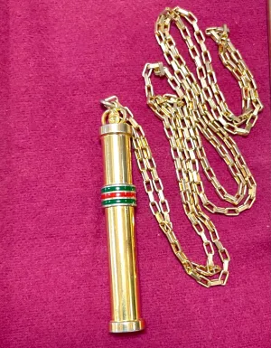 Vintage Gucci golden stick perfume bottle necklace with webbing, green and red color. Unisex. Best vintage jewelry. 050527ya2