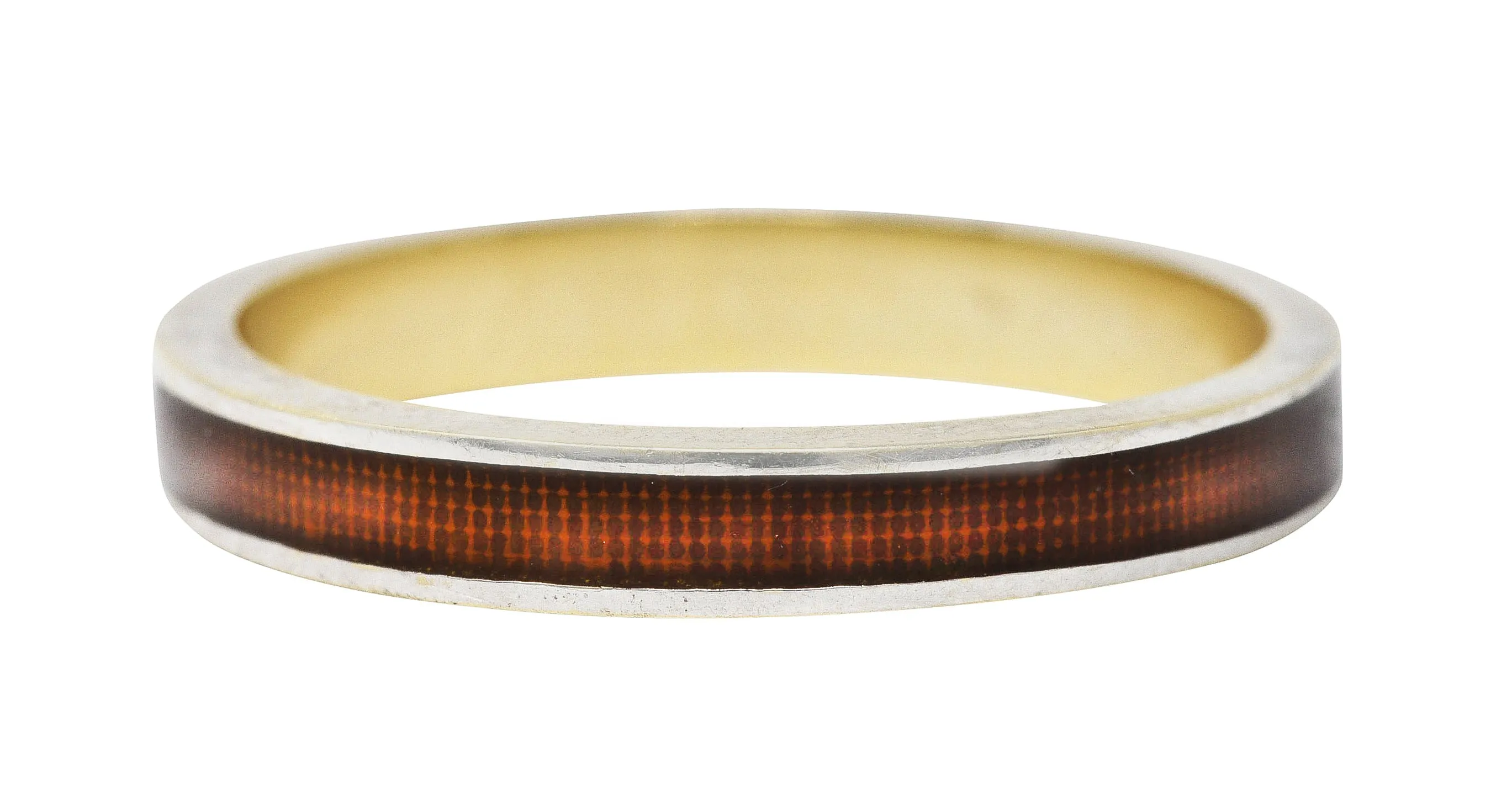 Vintage Guilloche Brown Enamel 18 Karat White Gold Channel Band Stack Ring