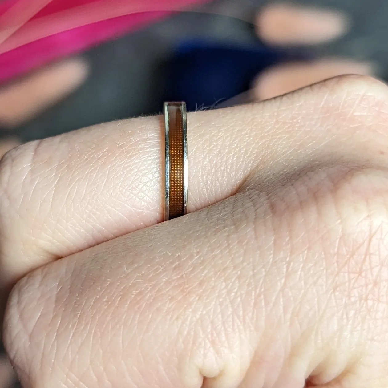 Vintage Guilloche Brown Enamel 18 Karat White Gold Channel Band Stack Ring
