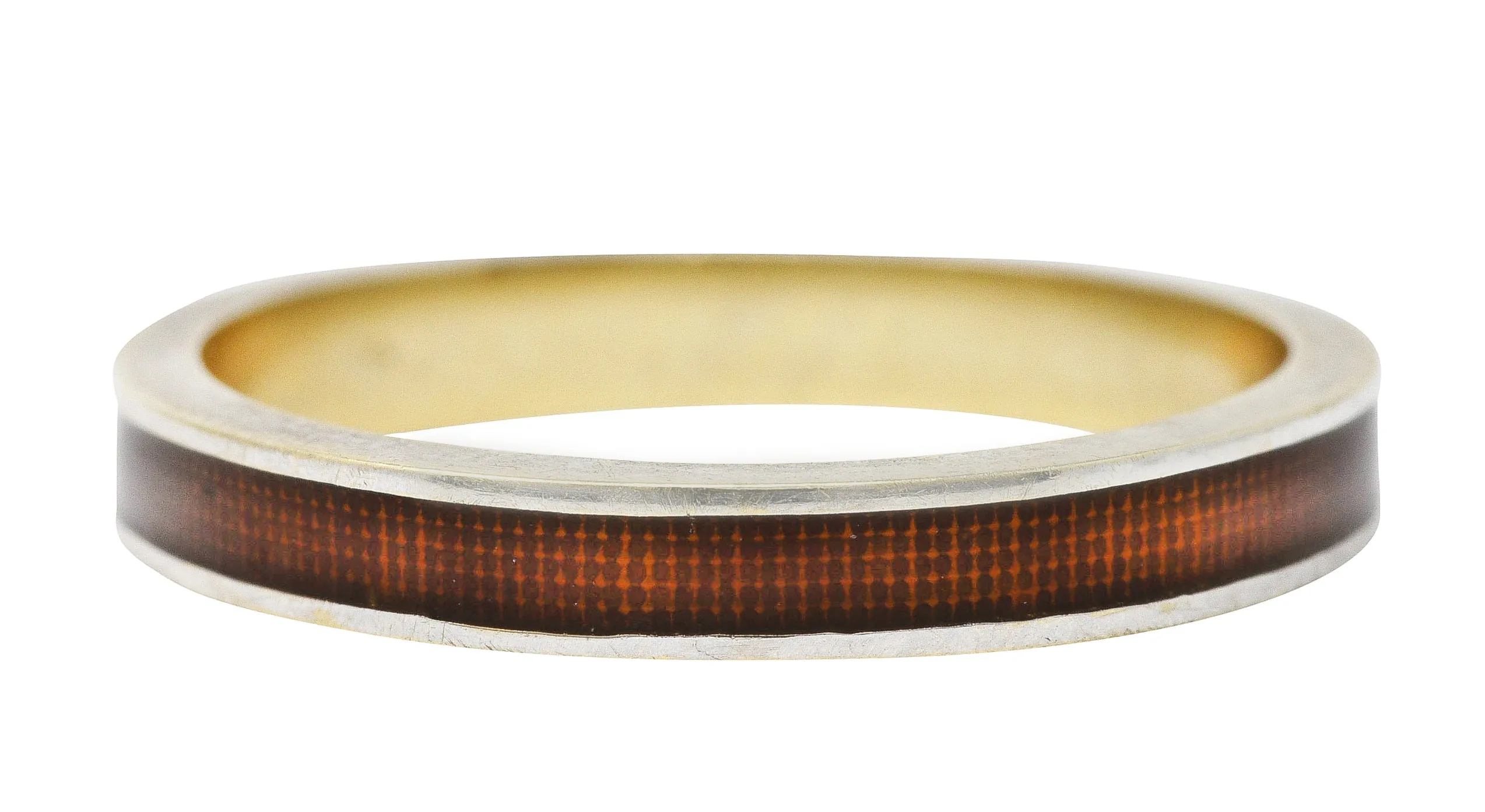 Vintage Guilloche Brown Enamel 18 Karat White Gold Channel Band Stack Ring