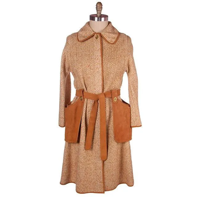 Vintage Ladies Coat Tweed & Leather Great Pockets Bonnie Cashin 1970s