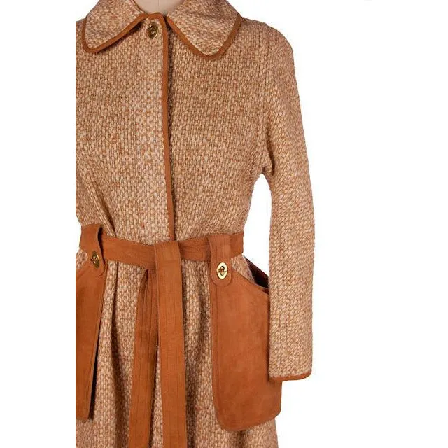 Vintage Ladies Coat Tweed & Leather Great Pockets Bonnie Cashin 1970s