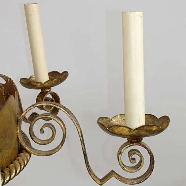 Vintage Large Gilt Wrought Iron and Mica Eight-Light Chandelier
