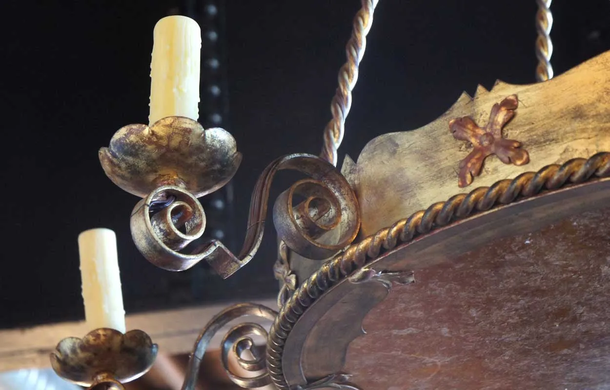 Vintage Large Gilt Wrought Iron and Mica Eight-Light Chandelier