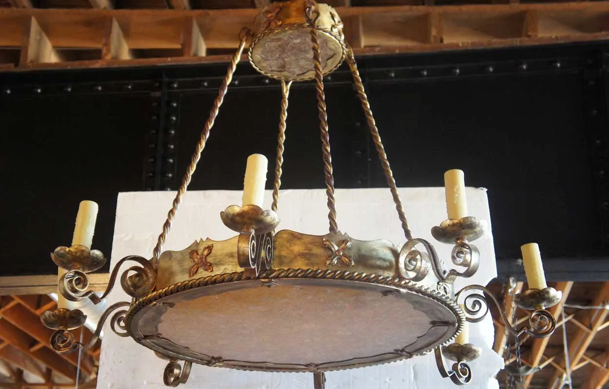 Vintage Large Gilt Wrought Iron and Mica Eight-Light Chandelier