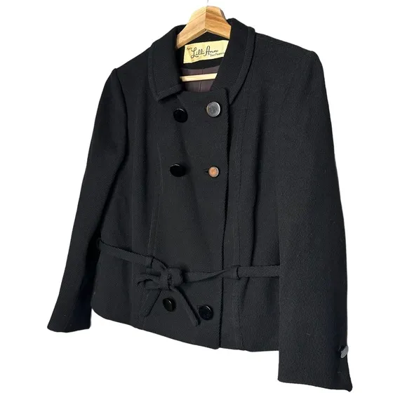 Vintage Lilli Ann 1960s Black Wool Blend Belted Jacket Coat