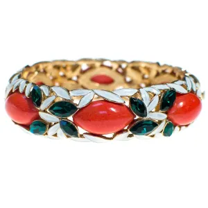 Vintage Marvella Jewels of India Mogul Bracelet Coral Cabochons Emerald Rhinestones White Enamel Hinged Bangle Bracelet